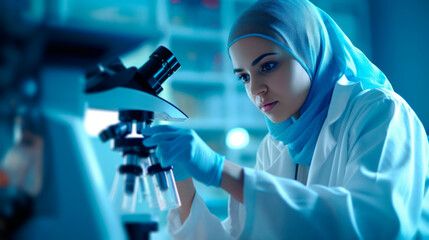 Female empowerment in science: Arabic woman scientist with a veil working with a microscope in a high-tech laboratory
