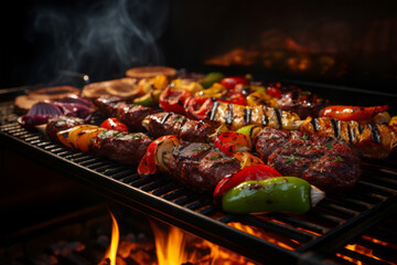 BBQ shishkabobs sizzling over an open-fire grill - BBQ Meat Flame Grilled