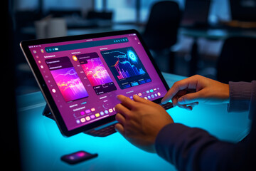 Person showcasing control and freedom over their data on futuristic tablet with interface. Generative Ai content