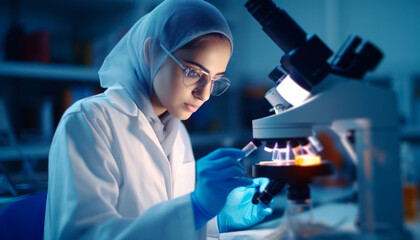 Female empowerment in science: Arabic woman scientist with a veil working with a microscope in a high-tech laboratory