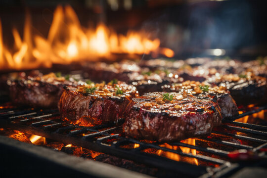 Flame grill with burgers and steak - BBQ meat - Food photography - Beef