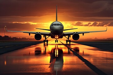 Airplane taking off at sunset