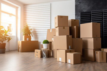 Relocation concept. A pile of cardboard boxes in an empty apartment. AI generated.