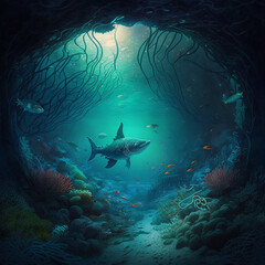 Fototapeta premium Generative AI illustrations, Underwater diver in deep sea dive