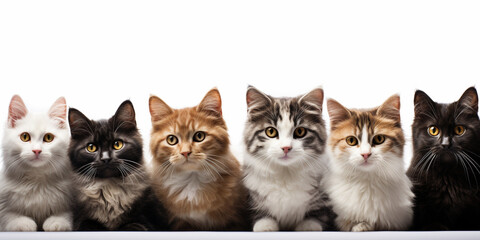 Fototapeta na wymiar Many cats are sitting in a row isolated on white. AI generated.