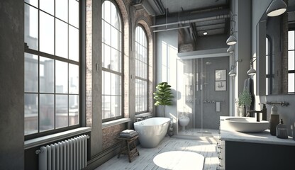 Fototapeta na wymiar beautiful gray bathroom with huge windows