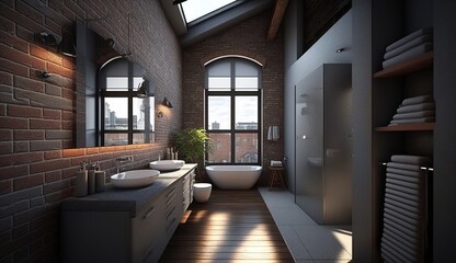 Fototapeta na wymiar beautiful gray bathroom with huge windows