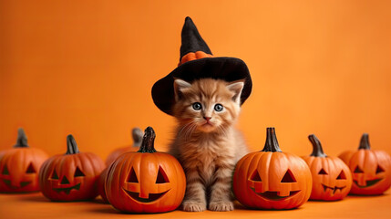 Halloween illustration with cute ginger kitten in witch hat and funny pumpkins on the orange background with copy space