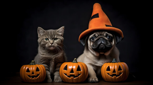 Halloween illustration with cute kitten and puppy pug in witch hat and funny pumpkins on the black background with copy space