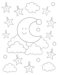 stars and moon coloring page for kids. you can print it on 8.5x11 inch paper