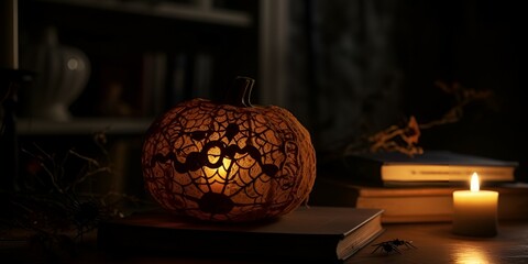 Halloween pumpkin head jack lantern with burning candles. Banner