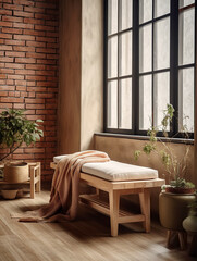 Wooden bench and pink blanket on it at black grid window. Loft rustic style interior design of modern living room. Created with generative AI