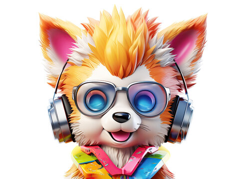 colorful cartoon character fox cub wearing sunglasses and headphones