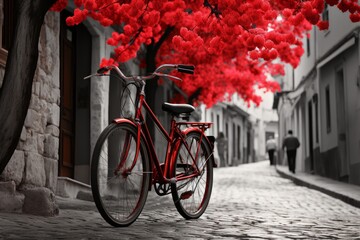 red bicycle in a black and white image