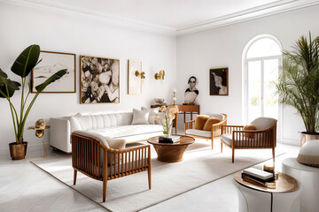 Mid-century interior design of modern living room with white sofa and wooden chairs. Created with generative AI