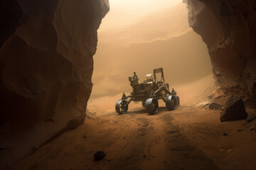 Martian rover on surface of red planet Mars. Research of red planet. Generative AI - obrazy, fototapety, plakaty