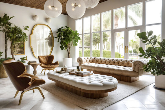 Beige tufted chesterfield sofa and brown wing chairs. Art deco interior design of modern living room. Created with generative AI
