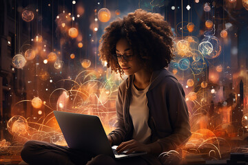 A young black girl sits at a computer and works with a neural network. The concept of artificial intelligence and modern technologies. AI generated