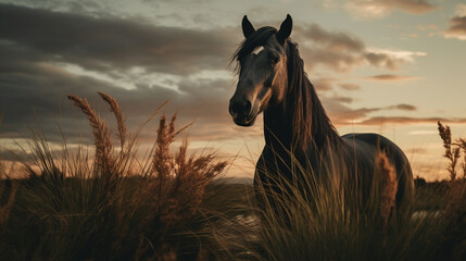 A Majestic Wild Horse/Stallion Standing in a Grassy Field with Flowers, Looking off into the Distance, Dramatic and Moody Lighting - Generative AI