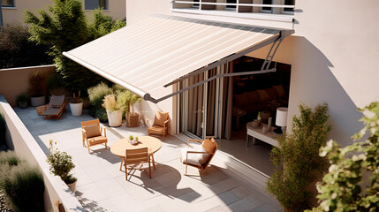 Fototapeta Summer terrace under a canopy of a modern house. obraz