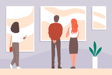 Art exhibition in the art museum. Gallery of contemporary art. Creative exhibition. People look at pictures. Flat vector illustration