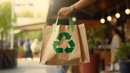 Sustainable lifestyles: reusable bag for shopping with focus on the eco-friendly behavior.
Generative AI - obrazy, fototapety, plakaty