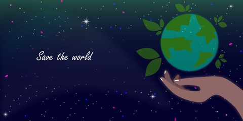 Save the world or earth day concept. The world on the hand with green leaf around the earth in deep blue galaxy. safe nature