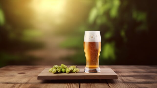 Glass of beer with hop cones on wooden table against blurred green background. Alcohol drink presentation template.
