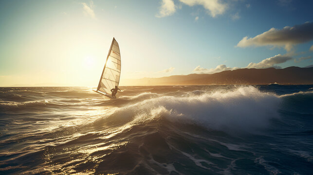 A picture of a windsurfer catching a wave with the wind in his sail and the sun on his back.