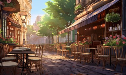  a painting of a city street with tables and chairs on the sidewalk.  generative ai