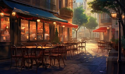  a painting of a city street at night with tables and chairs.  generative ai