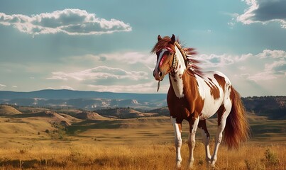 Fototapeta na wymiar a brown and white horse standing in the middle of a field. generative ai