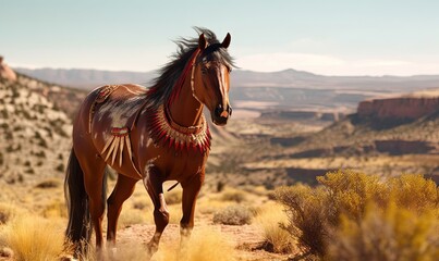 Obraz premium a brown horse with a saddle standing in a desert landscape. generative ai
