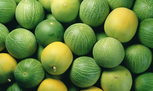  a large pile of green and yellow fruit with watermelons.  generative ai