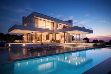 Fototapeta premium modern house with a large, clear swimming pool at sunset