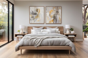 modern bedroom with two posters, natural textures and light, art poster mockup
