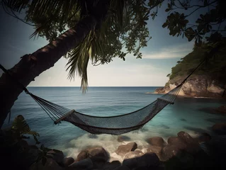 Tuinposter A picturesque scene of a hammock strung between two palm trees overlooking the sea. © Finn