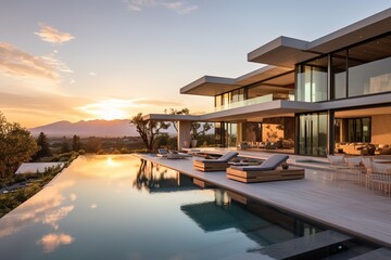 Fototapeta premium modern house with a large, clear swimming pool at sunset