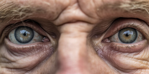 Old senior man eyes, closeup detail to his face, both iris visible, wrinkled skin near. Generative AI - obrazy, fototapety, plakaty