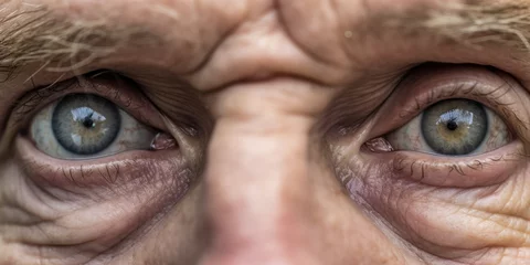 Fotobehang Old senior man eyes, closeup detail to his face, both iris visible, wrinkled skin near. Generative AI © Lubo Ivanko