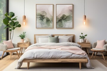modern bedroom with natural textures and light, poster mockup
