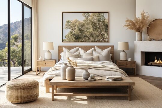 Modern Bedroom With Natural Textures And Light, Poster Mockup