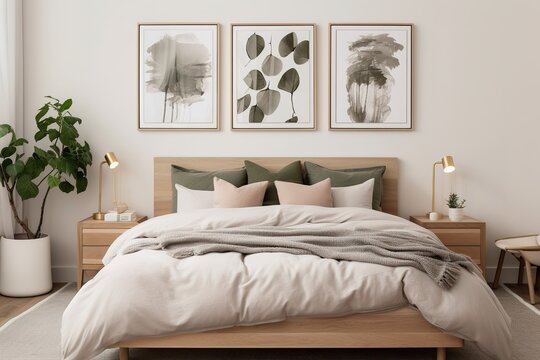 modern bedroom with three posters, natural textures and light, poster mockup