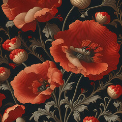  Seamless patterns of blooming poppies. Generative AI.