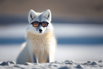 Cute arctic fox with sunglass in the snow.