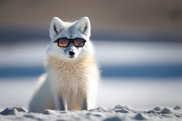 Wall murals Arctic fox Cute arctic fox with sunglass in the snow.