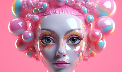  a digital painting of a woman's face with balloons on her head.  generative ai