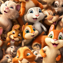 Fototapeta premium Seamless pattern with a bunch of fluffy cartoon animals sitting tightly on top of each other. AI generated.