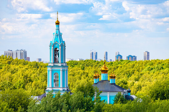 Moscow, Russia - June 07, 2023: Orthodox church on the background of the city