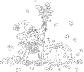 Little Halloween witch with a big hat, a magical broom and a large pumpkin among whirling leaves